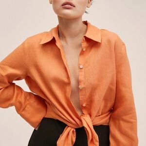 Women’s Orange Tie-Front 100 % Linen Button-Up Shirt